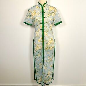 Floral Cheongsam Style Dress M Chinese Qipao Mesh Overlay